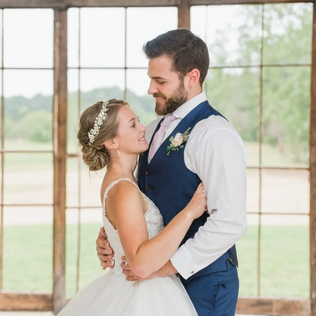 A bride and groom embrace warmly in front of a rustic window overlooking a green field.