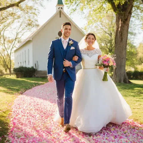 A bride and groom walking down a petal path toward a white chapel on a sunny day.