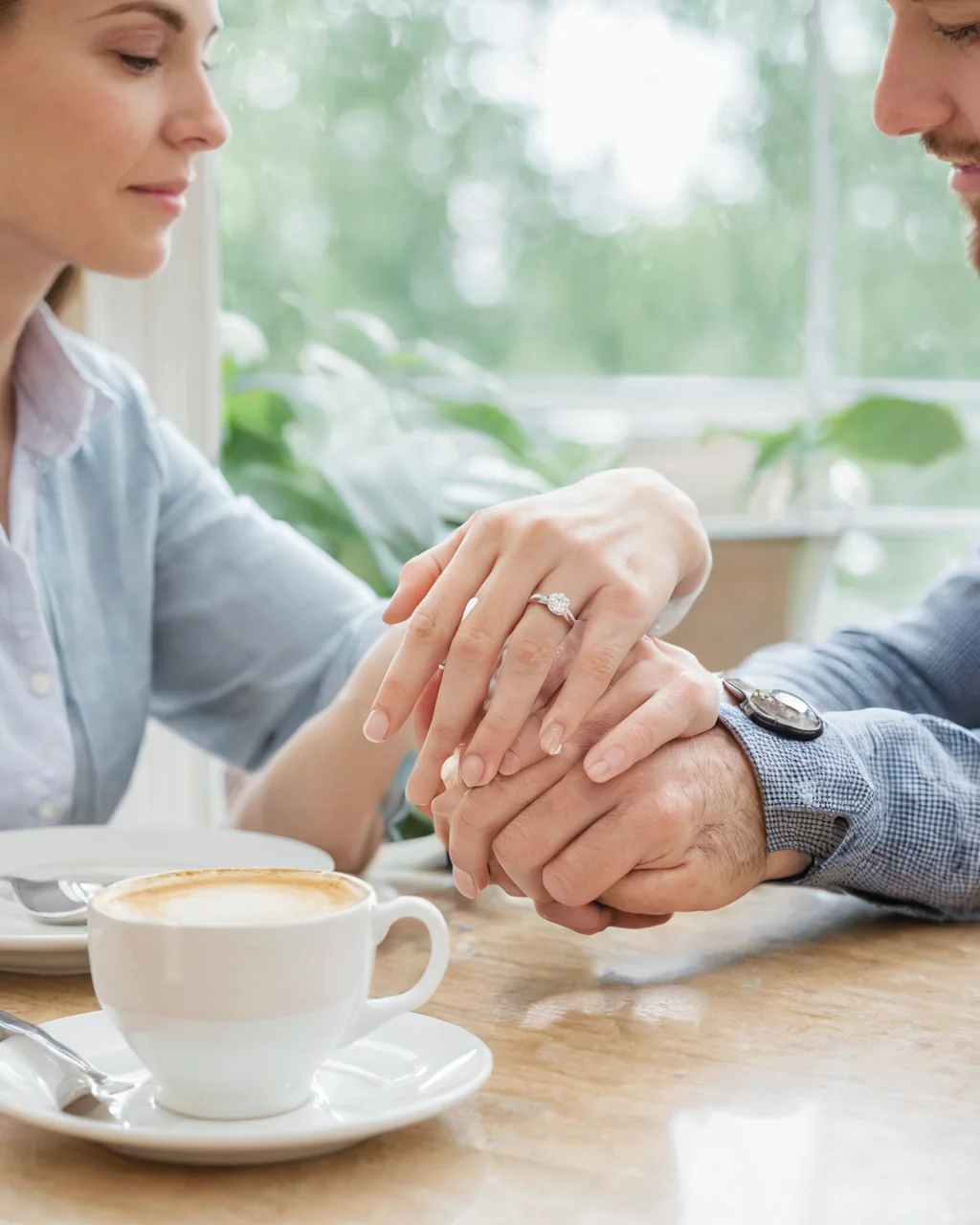 A couple holding hands at a café with an engagement ring and a cappuccino.