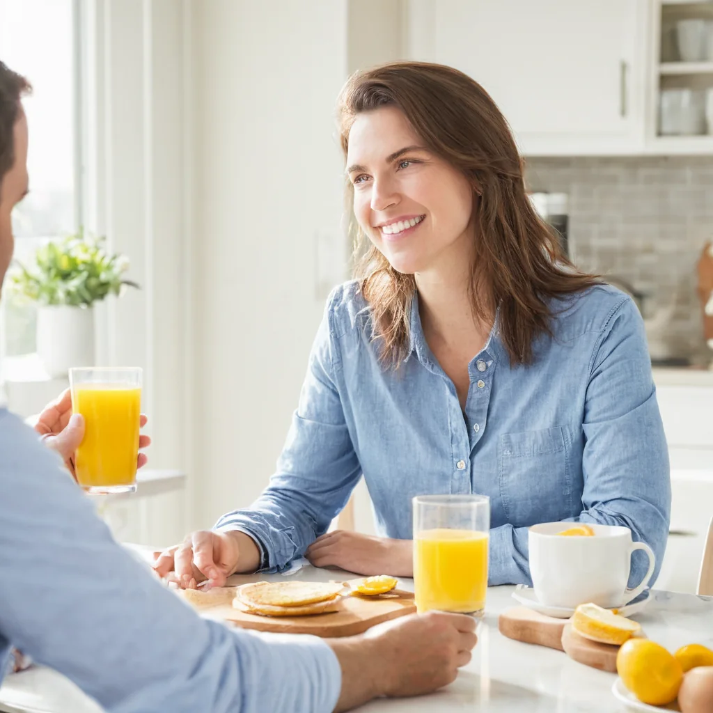 A couple sharing breakfast with orange juice pancakes and lemons in a bright kitchen.