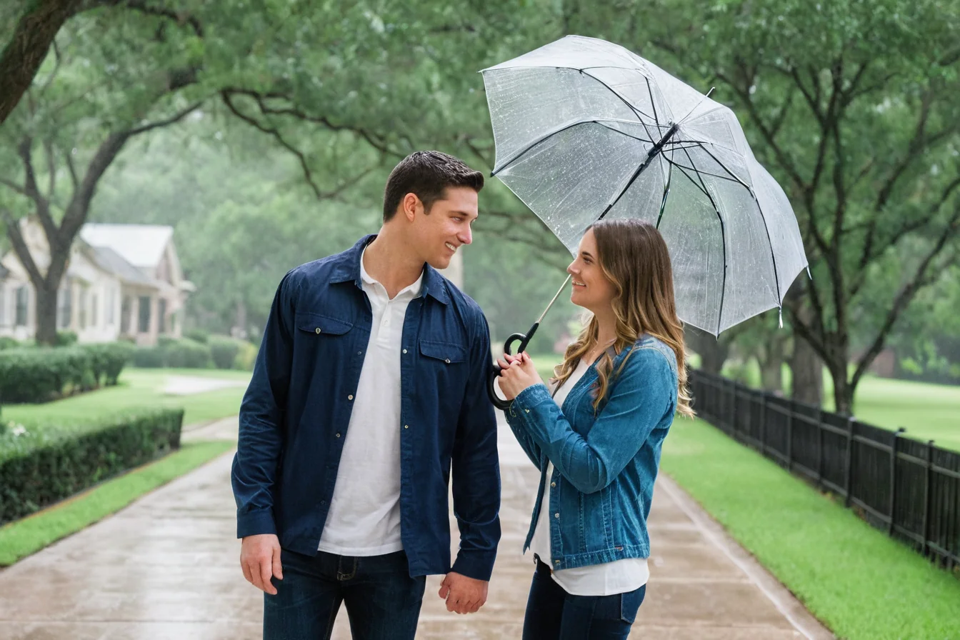 A couple smiles and walks together under an umbrella on a rainy sidewalk lined with trees.
