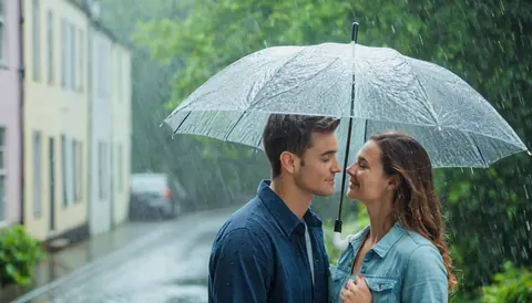 A couple smiling under a clear umbrella in the rain on a wet street.