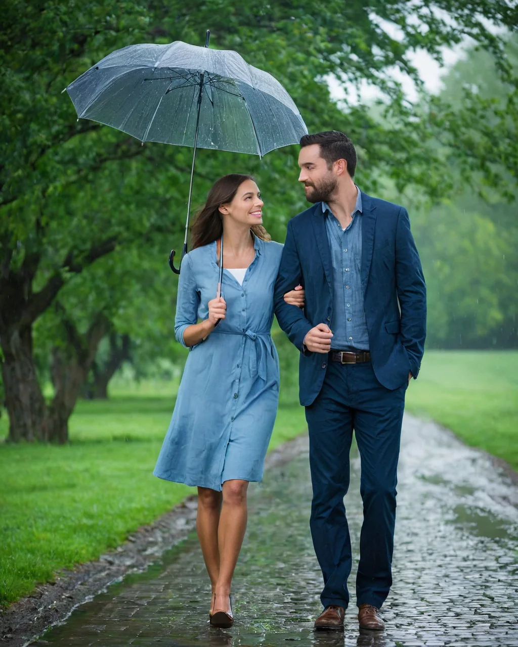 A couple walks under an umbrella on a rainy path surrounded by green trees.