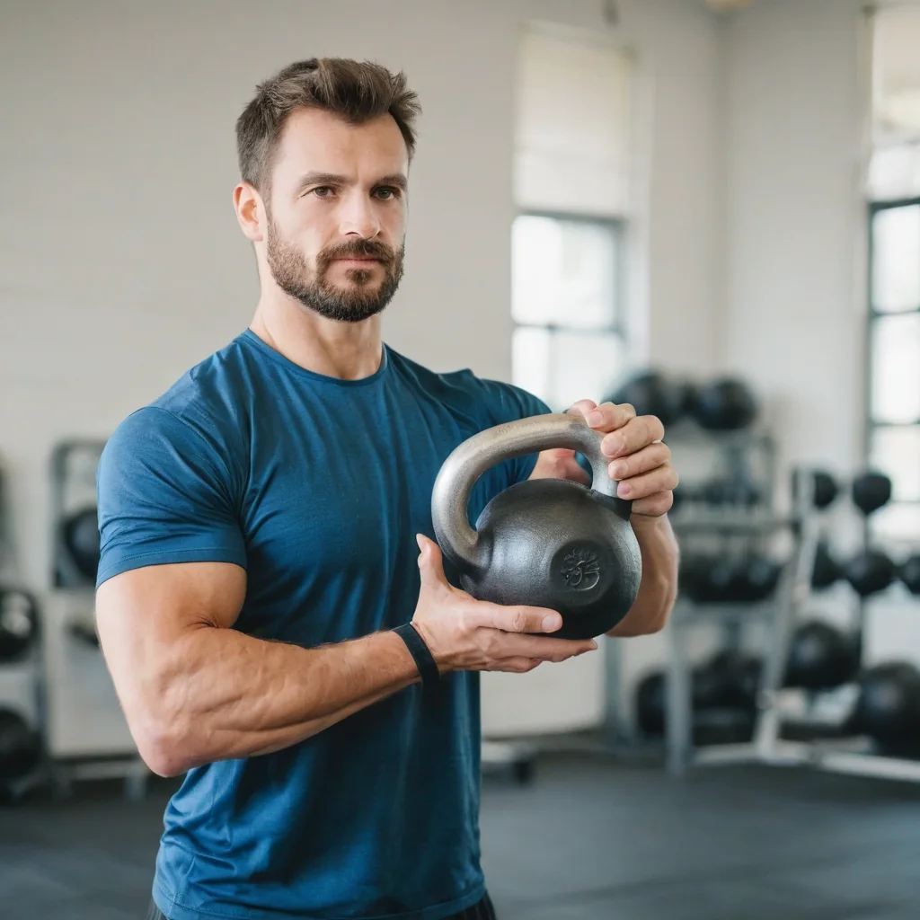 A fit man holding a kettlebell in a gym with weights behind him.