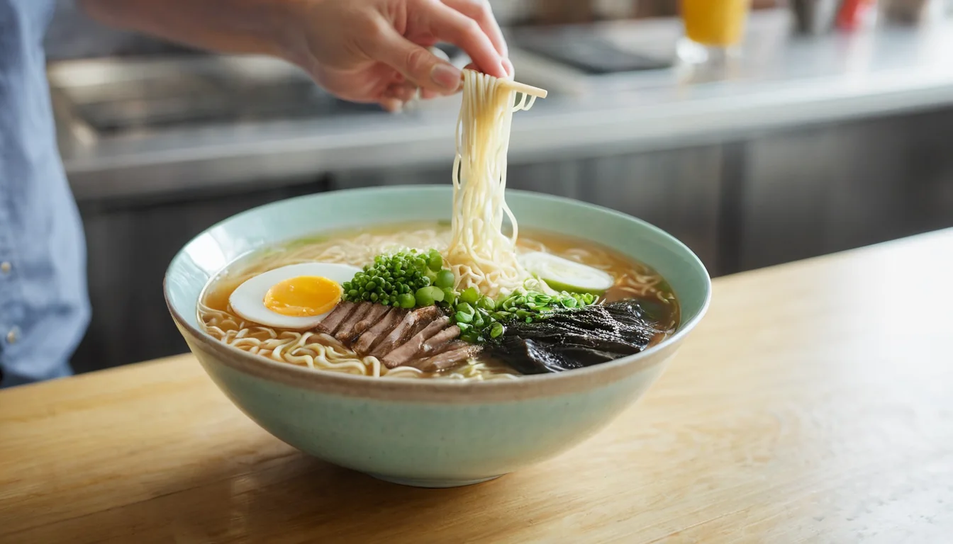 A hand lifting ramen noodles from a bowl with broth pork egg and green onions on a wooden table.