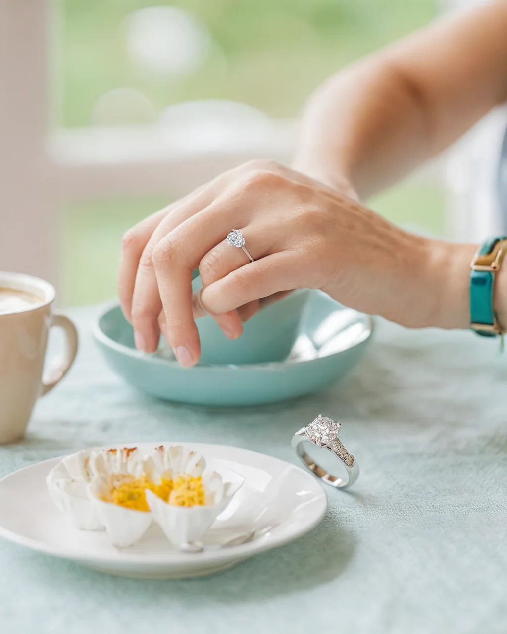 A hand wearing a diamond ring holds a teacup near deviled eggs and another ring on a teal tablecloth.