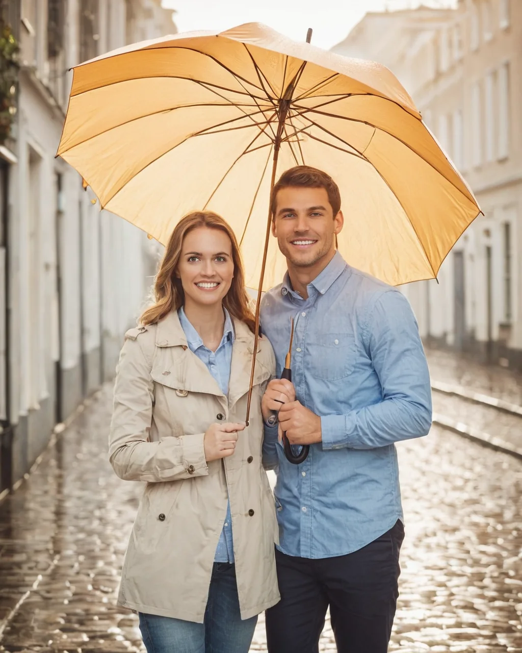 A happy couple holding a yellow umbrella on a rainy cobblestone street.