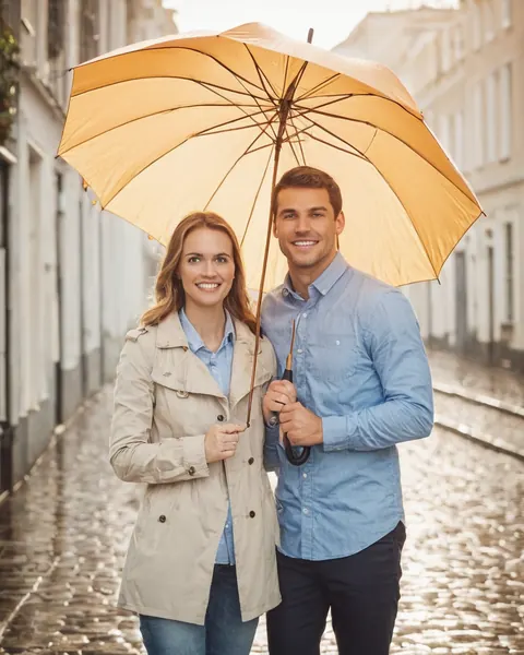 A happy couple holding a yellow umbrella on a rainy cobblestone street.