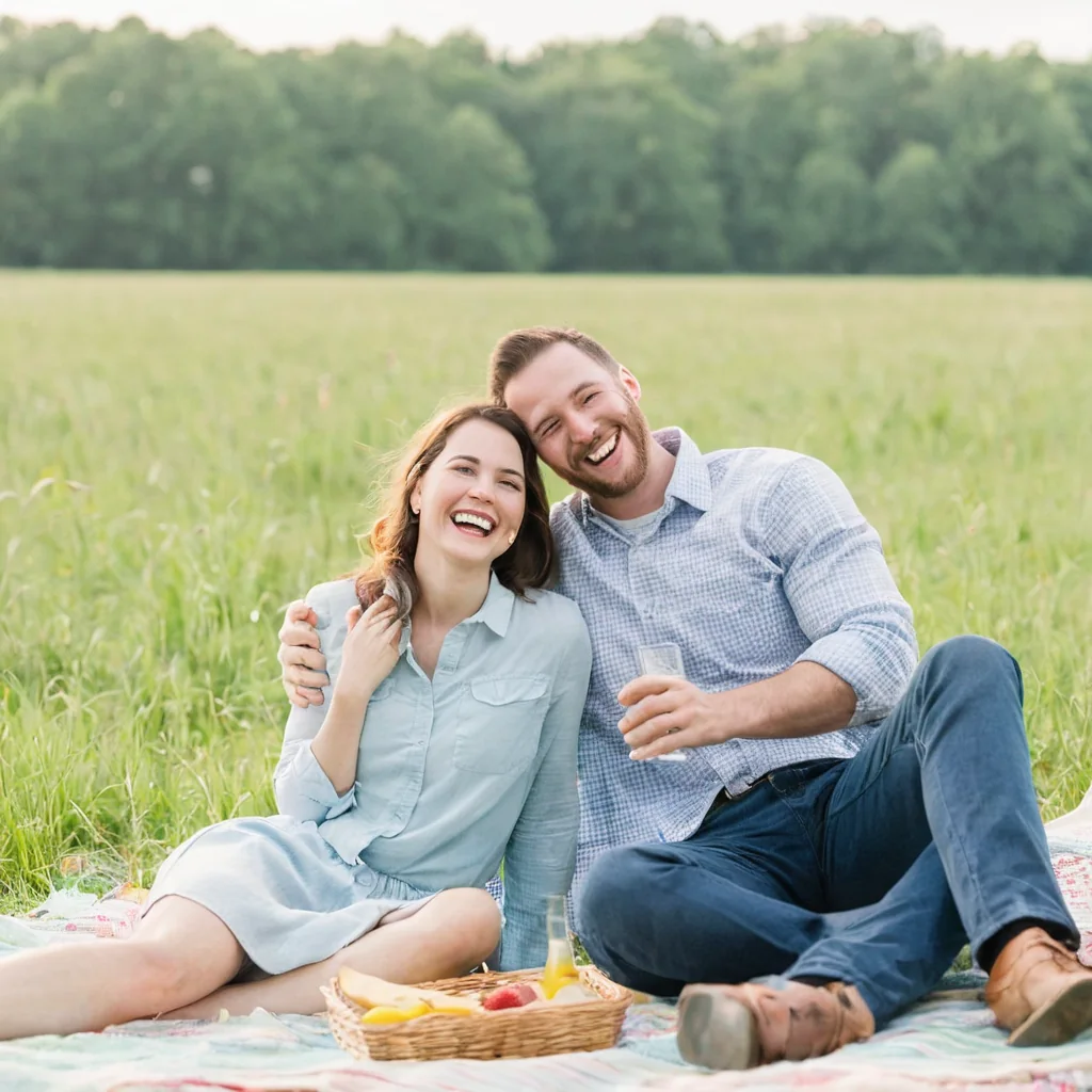 A happy couple laughing during a picnic in a grassy field with trees behind them.