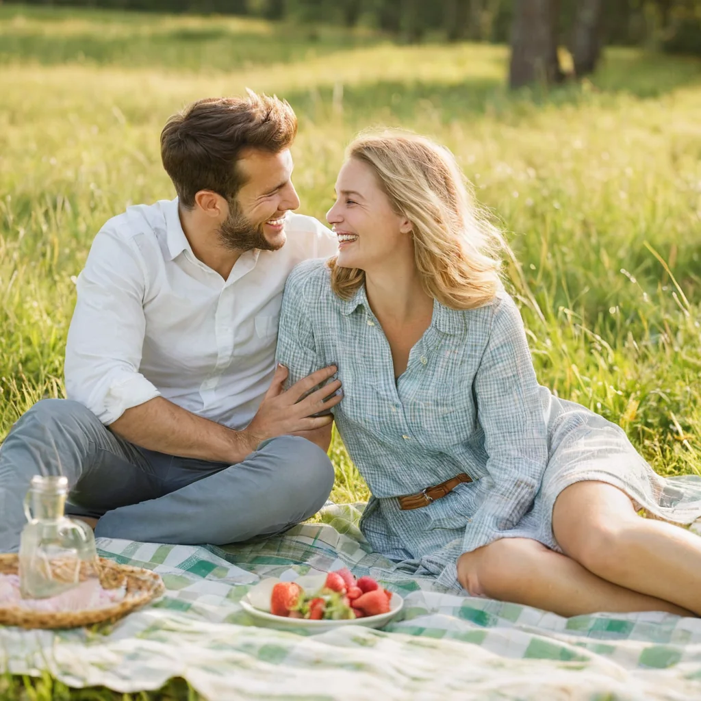 A happy couple laughing during a sunny picnic in a grassy field with strawberries.