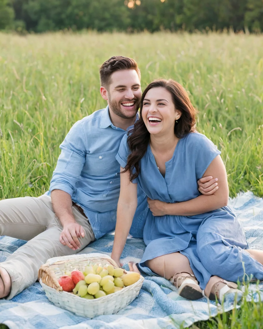 A happy couple laughing together during a picnic in a grassy field with a fruit basket.