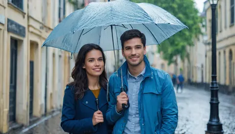 A happy couple walking under an umbrella in the rain on a city street.
