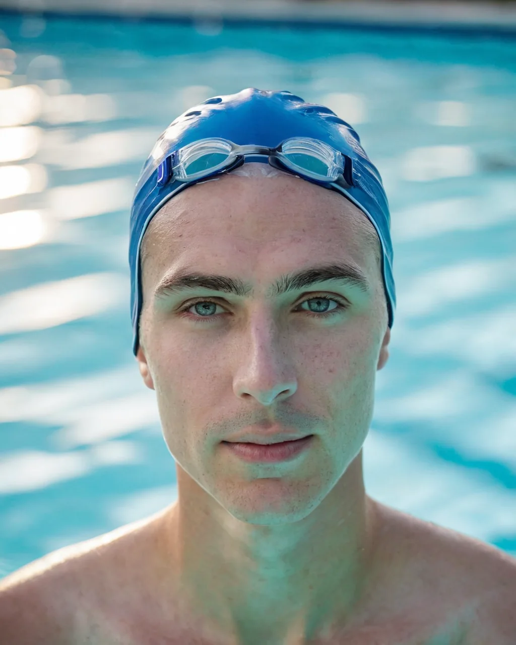 A male swimmer in a blue cap and goggles looks directly at the camera from a swimming pool.