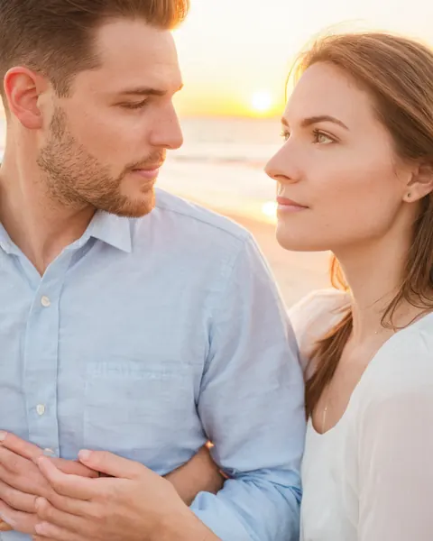 A man and woman holding hands and looking at each other during sunset at the beach.