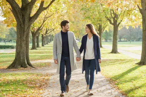 A man and woman holding hands and smiling while walking on a leafy autumn path in a park.