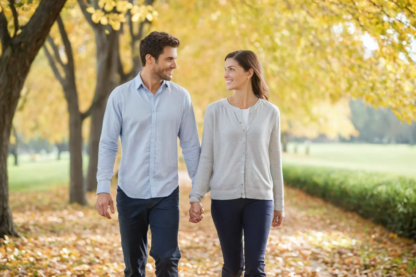 A man and woman holding hands and smiling while walking through an autumn park.