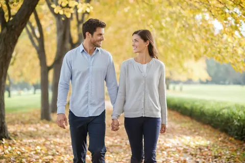 A man and woman holding hands and smiling while walking through an autumn park.