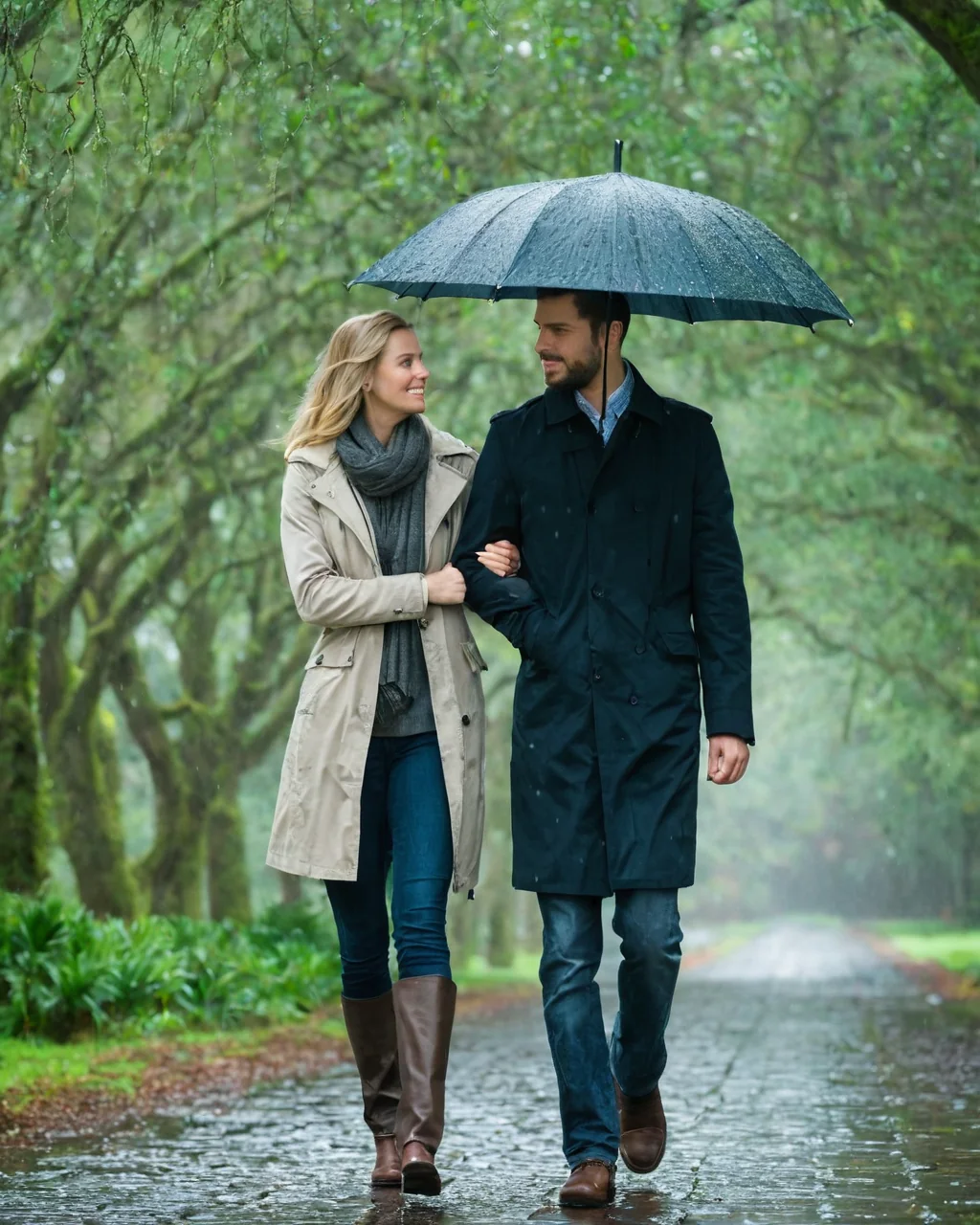 A man and woman holding hands under an umbrella walking on a rainy forest path.