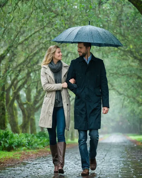 A man and woman holding hands under an umbrella walking on a rainy forest path.