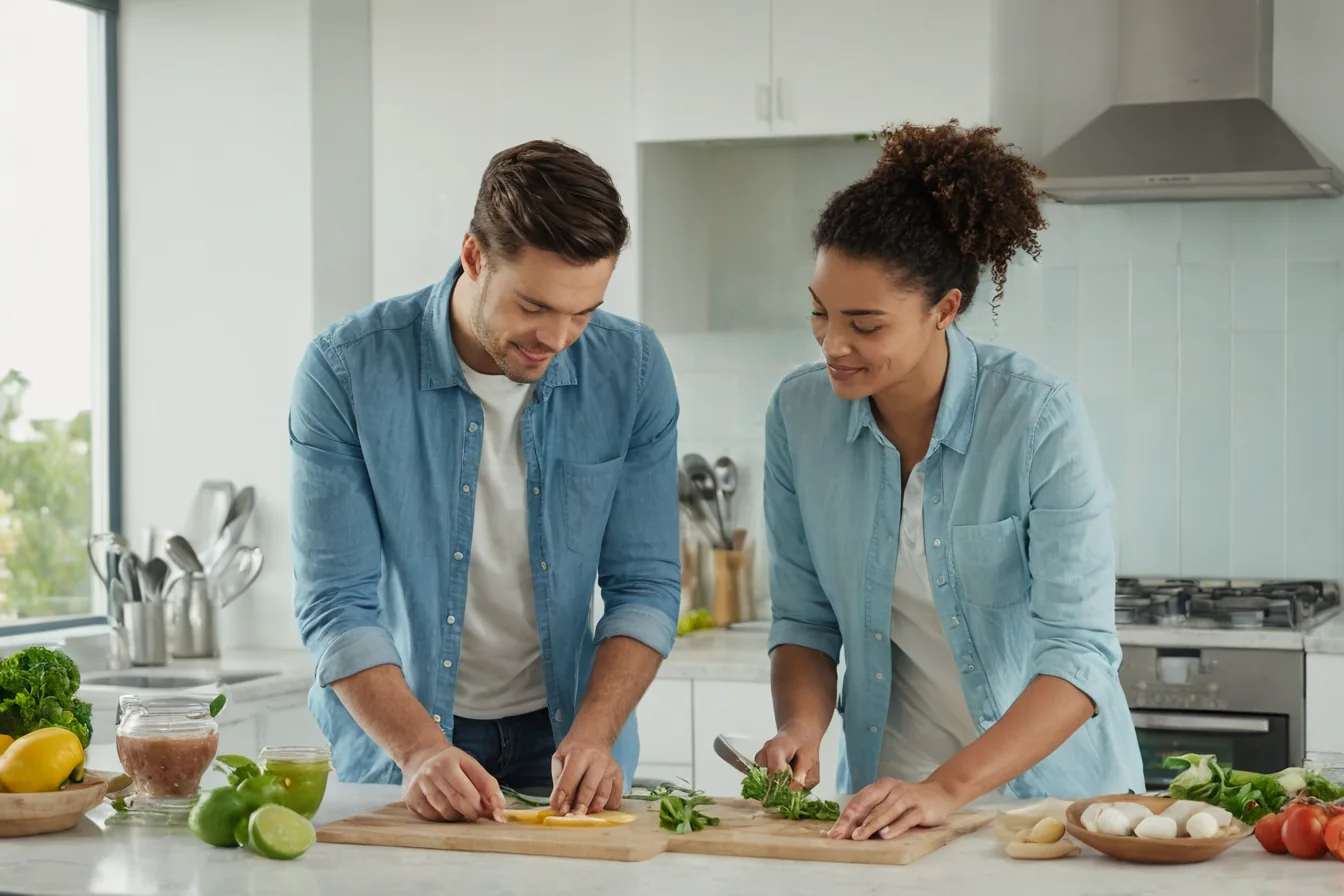 A man and woman in blue shirts chop vegetables together in a bright kitchen.