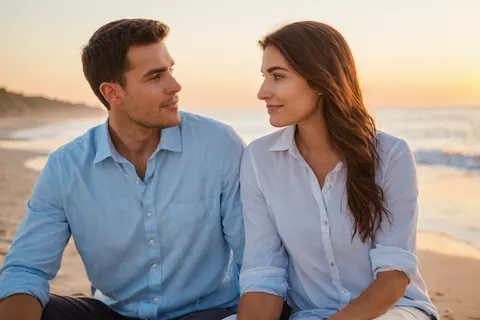 A man and woman in blue shirts sit on a beach looking at each other during sunset.