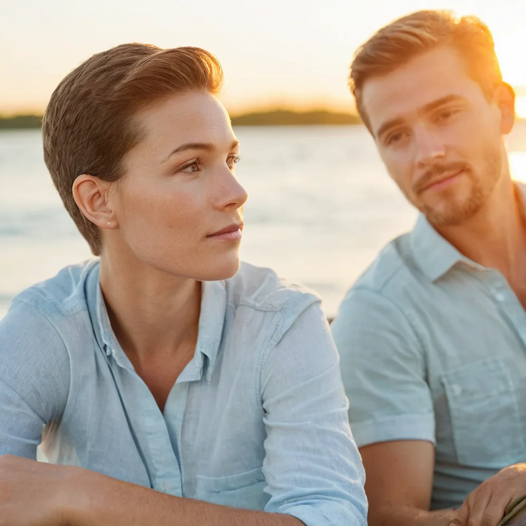A man and woman in blue shirts sit together on a boat during a golden sunset over water.