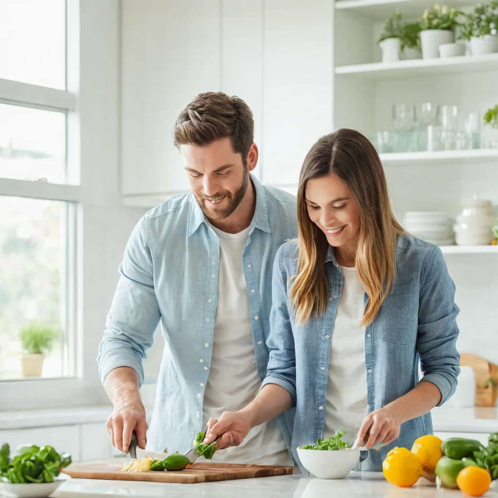 A man and woman in denim shirts chop vegetables for a salad in a bright kitchen.