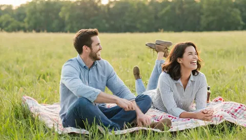 A man and woman laughing on a picnic blanket in a grassy field at sunset.