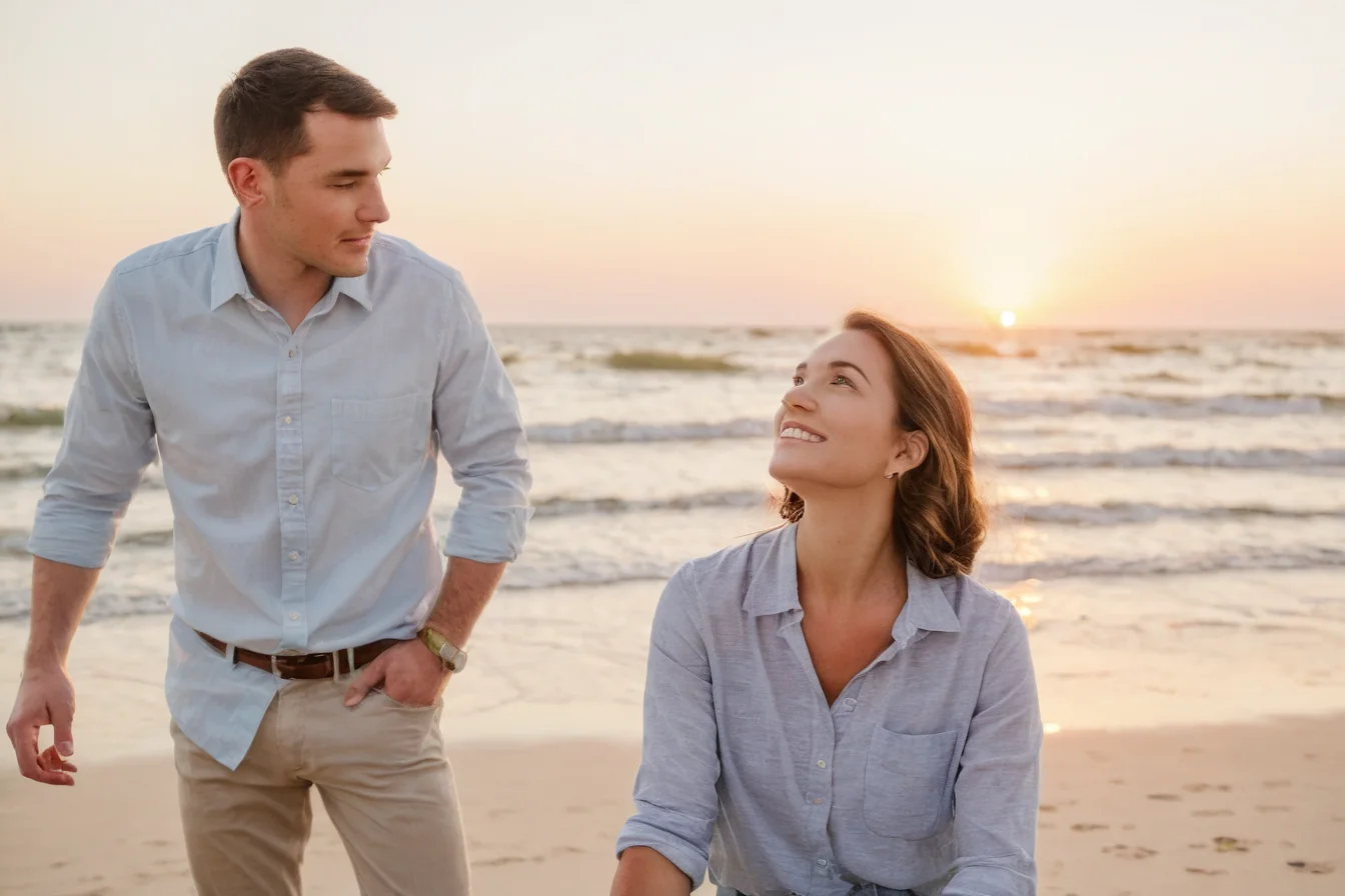 A man and woman smile at each other on a beach during sunset.