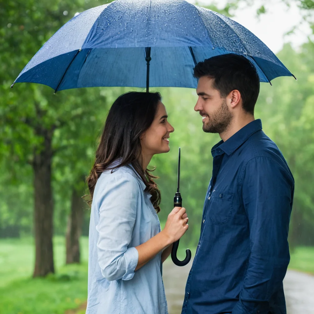 A man and woman smile at each other under a blue umbrella in the rain.
