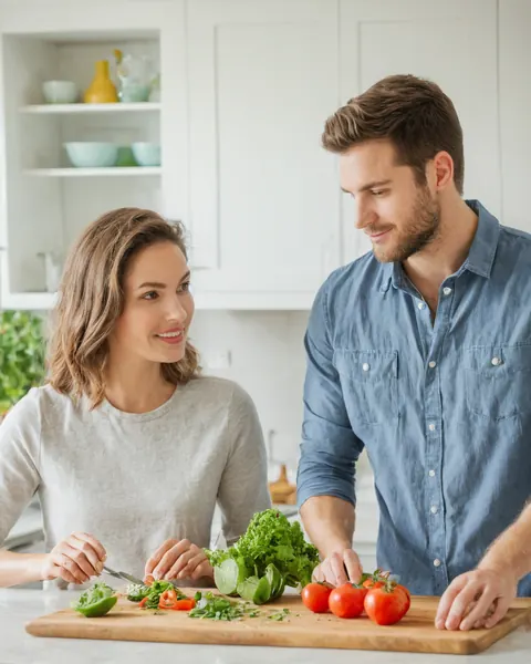 A man and woman smiling while chopping vegetables for salad in a kitchen