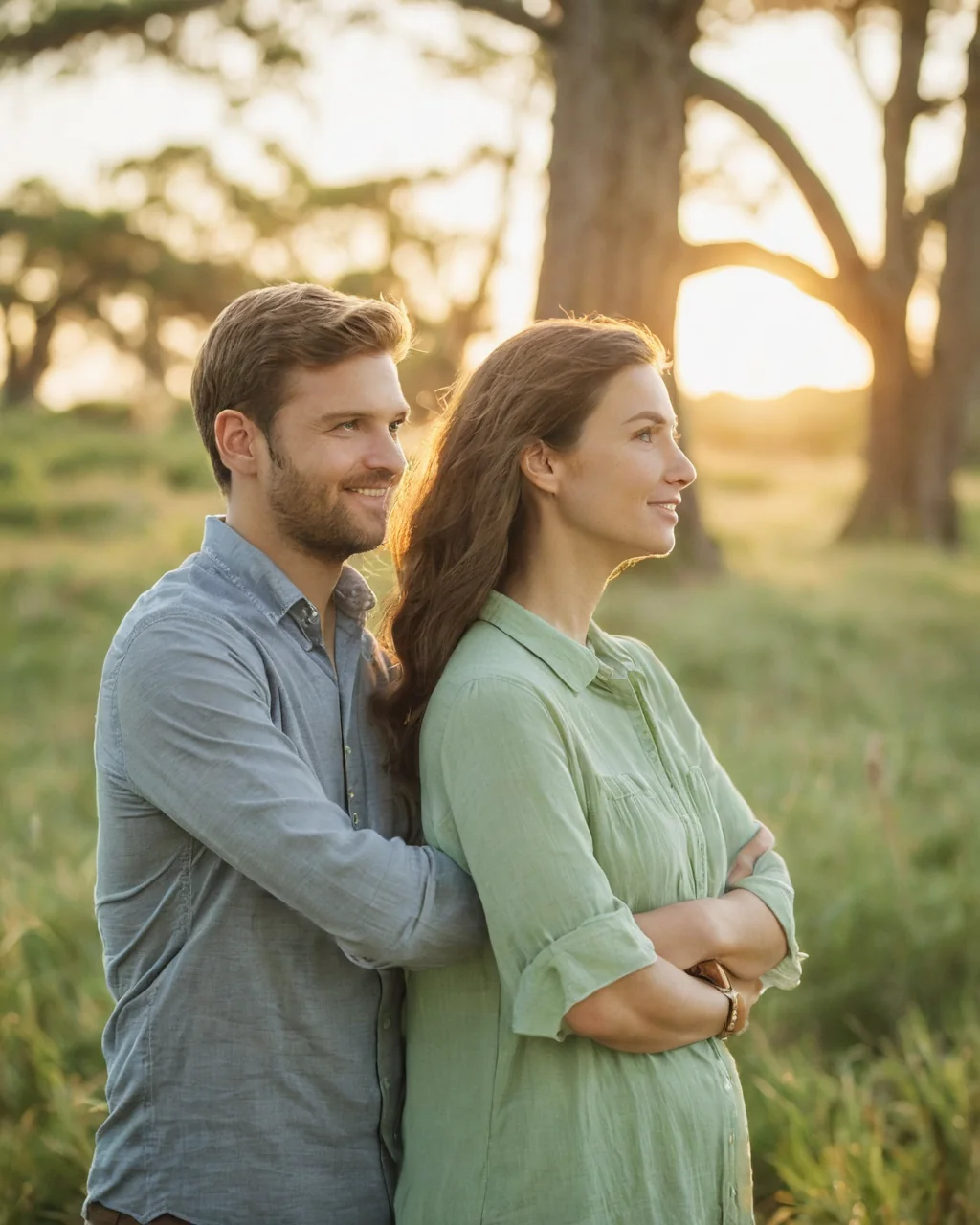 A man and woman stand back to back smiling in a grassy field at sunset.