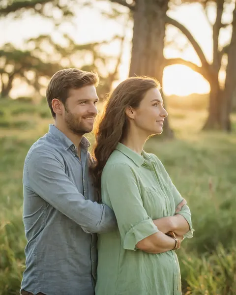A man and woman stand back to back smiling in a grassy field at sunset.