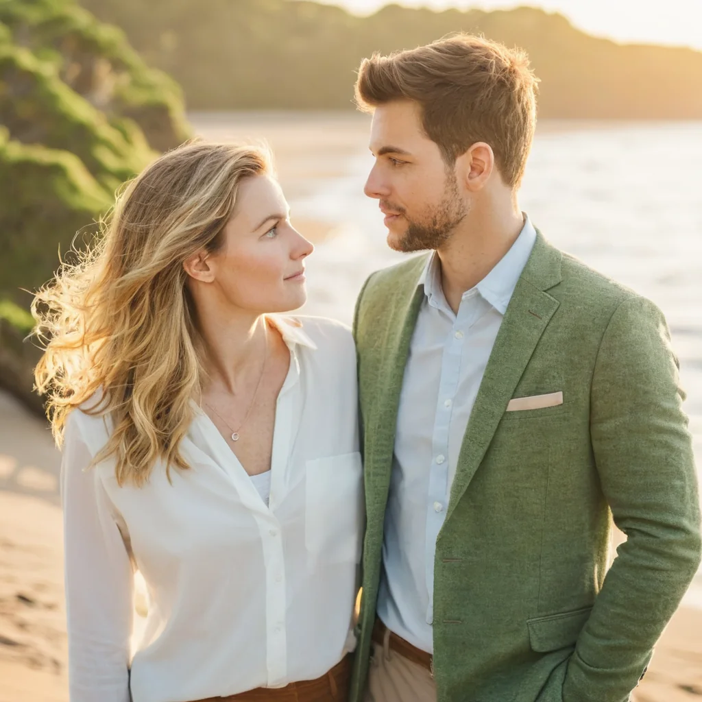 A man and woman stand close on a beach looking into each other's eyes at sunset.