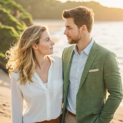 A man and woman stand close on a beach looking into each other's eyes at sunset.