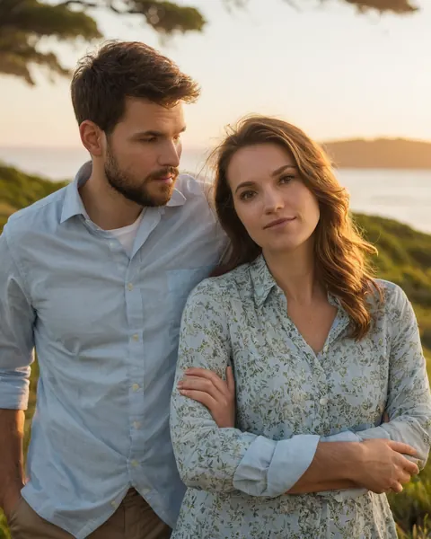 A man and woman standing together on a grassy cliff overlooking the ocean at sunset.