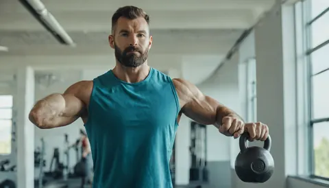 A muscular man with a beard holds a kettlebell in a gym while looking at the camera.