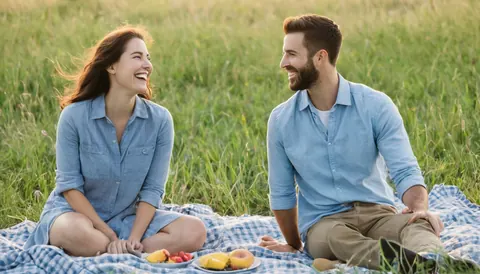 A smiling couple enjoying a picnic on a grassy field with fruit and a plaid blanket.