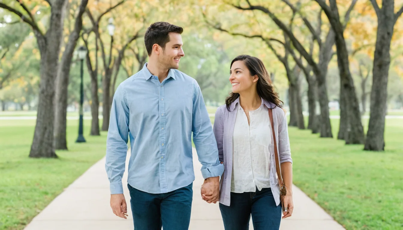 A smiling couple holds hands while walking down a tree-lined park path under soft autumn light.