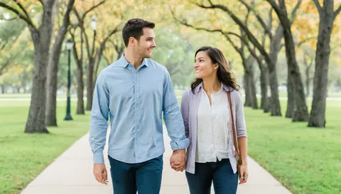 A smiling couple holds hands while walking down a tree-lined park path under soft autumn light.
