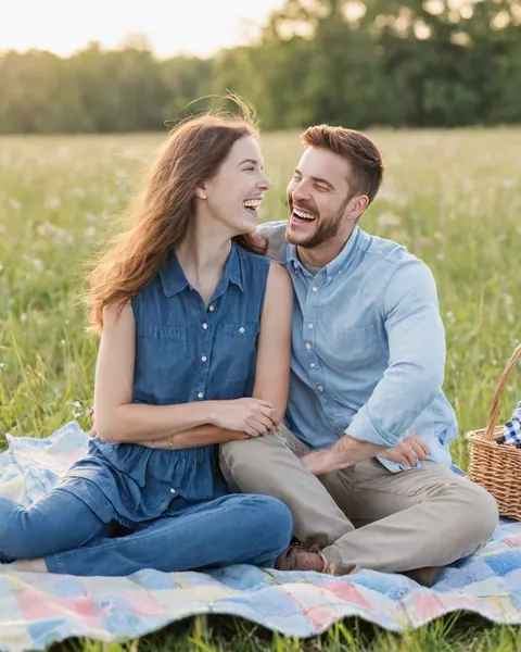 A smiling couple in denim clothing sharing a laugh on a patchwork blanket in a grassy field.
