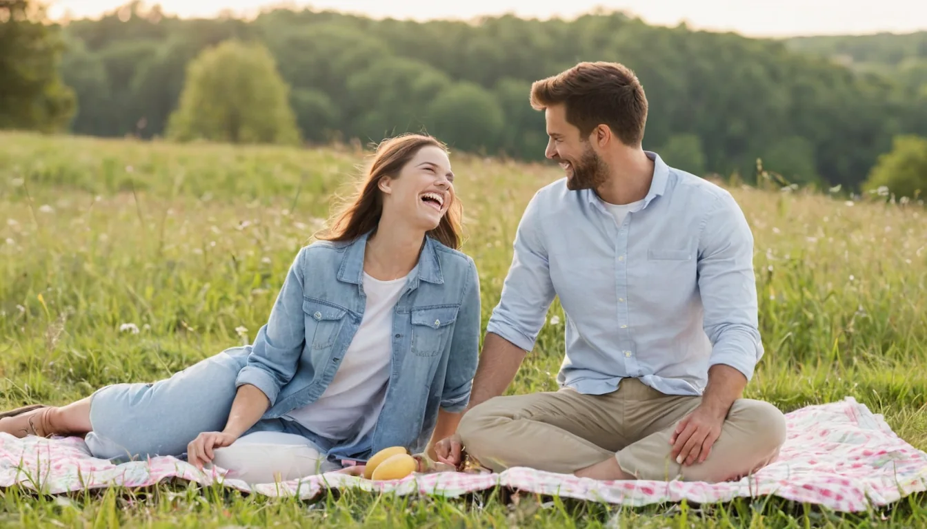 A smiling couple laughing together on a picnic blanket in a grassy field.