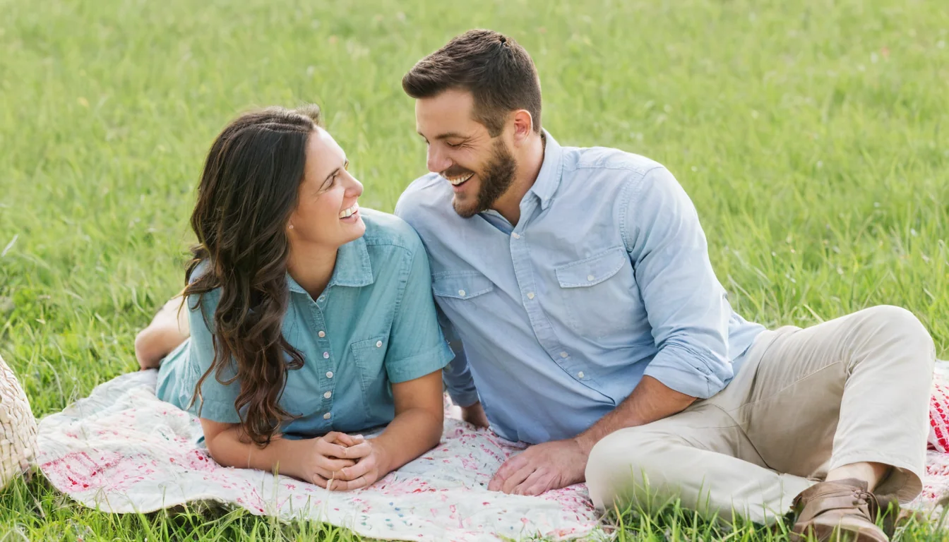 A smiling couple sitting on a floral blanket in a grassy field.