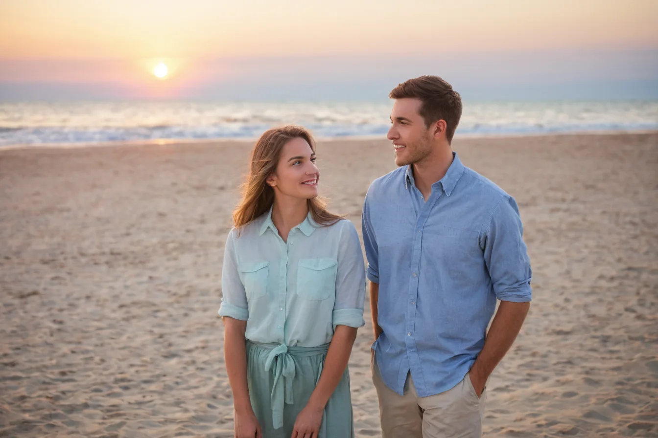 A smiling couple stands on a sandy beach at sunset, gazing lovingly at each other with the ocean behind them.