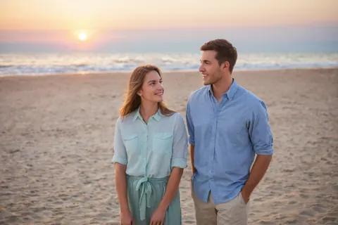 A smiling couple stands on a sandy beach at sunset, gazing lovingly at each other with the ocean behind them.