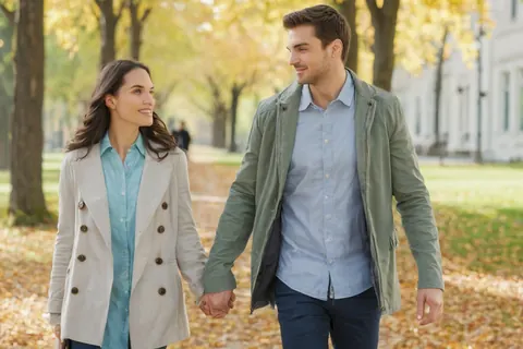 A smiling couple walking hand in hand through an autumn park with golden leaves on the ground.