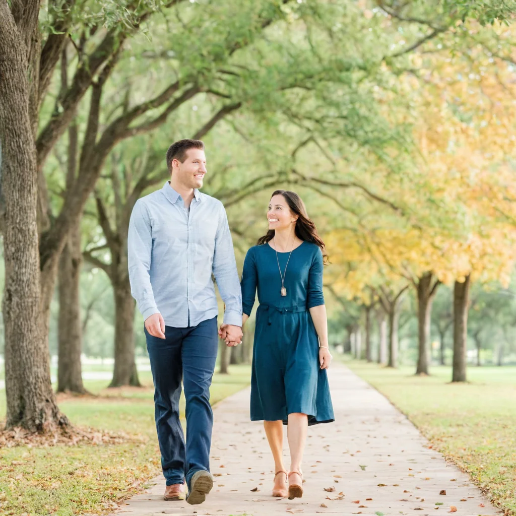 A smiling couple walks hand in hand down a tree-lined path under dappled sunlight with autumn leaves.