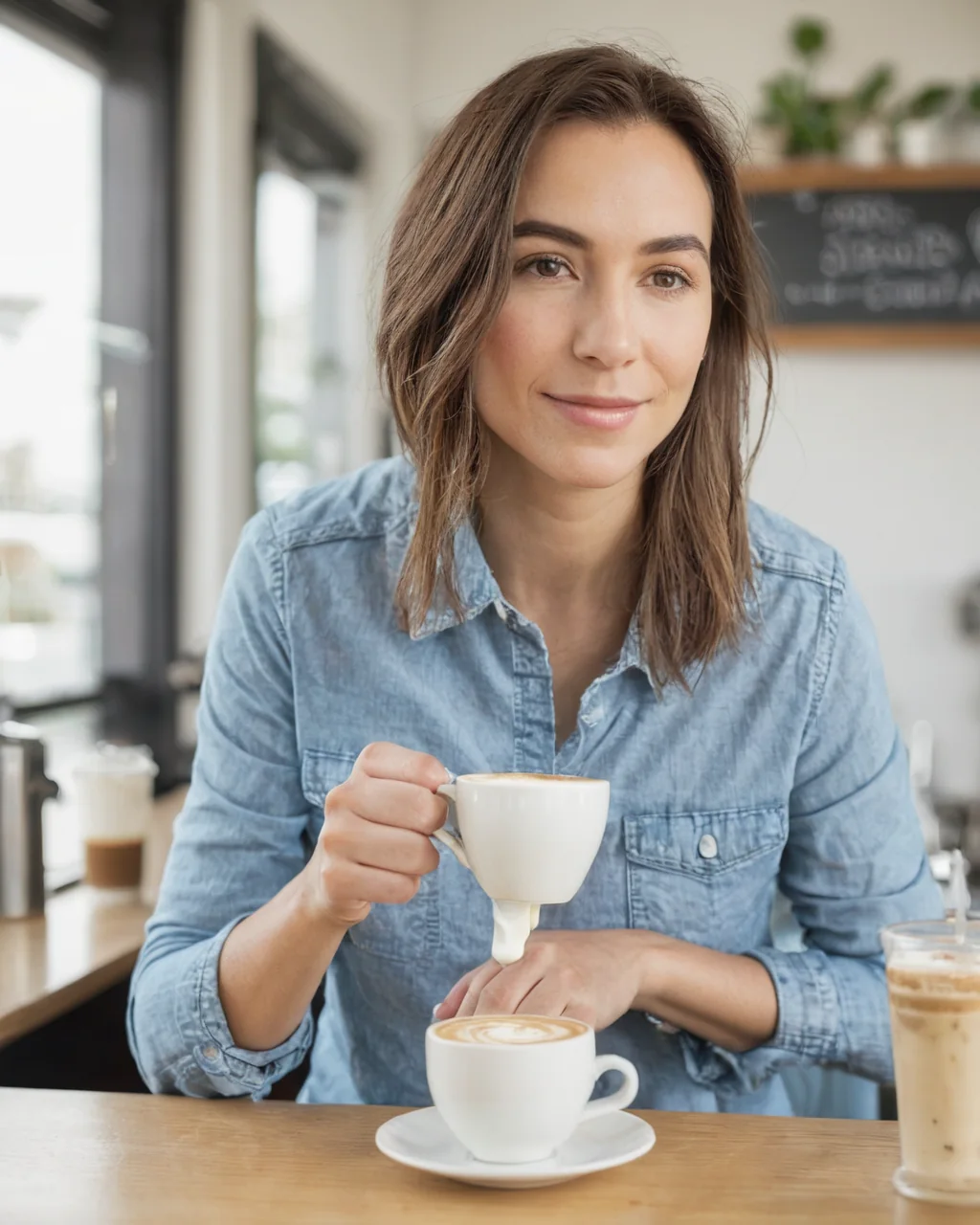 A woman in a denim shirt smiles while holding a coffee cup at a cafe table.