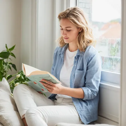 A woman reading a book by a sunny window with a green plant nearby.