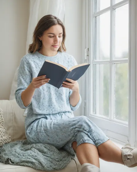 A woman reading a book by a window wrapped in a knit blanket
